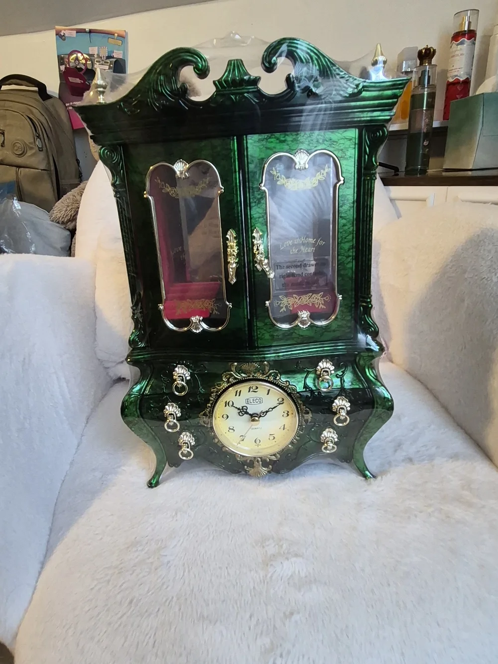 Vintage-Style Green Malachite Wall Jewelry Cabinet Clock by